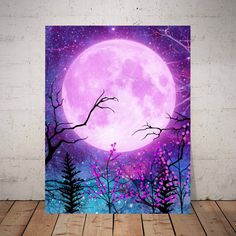 a painting of a full moon with trees in the foreground and stars in the background