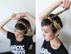 NoraFinds — Headscarf how-to: 3 ways! Headscarf Short Hair, Headbands Hairstyles Short, Geometric Hair Clip, Bobby Pin Hairstyles, Hair Scarf Styles, Head Scarf Styles, Pigtail Hairstyles, Bandana Hairstyles, Short Pixie Cut