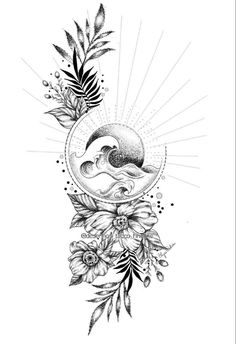 the sun and moon tattoo design is shown with flowers, leaves and water droplets on it