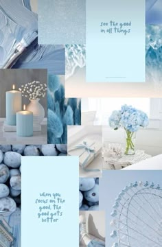 a collage of blue and white images