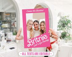 two women holding up a pink frame with the words bridal let's go party