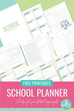 the free printable school planner is on top of a green and pink background with text overlay