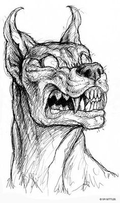 a drawing of a demon head with its mouth open