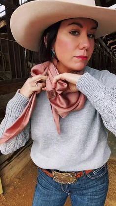 582 reactions · 31 shares | Wild Rag Outfit | This simple wild rag/ scarf tie is fast becoming my go to style! Pair it with this cozy cable knit sweater & some turquoise and your winter outfit is... | By Gilliland H&C Ranch Wear | Facebook Different Ways To Wear Wild Rags, Western Ootd, Wild Rags, Scarf Tie, Ranch Wear