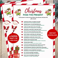 christmas pass the present printables with santa clause and gifts on it, next to pine tree