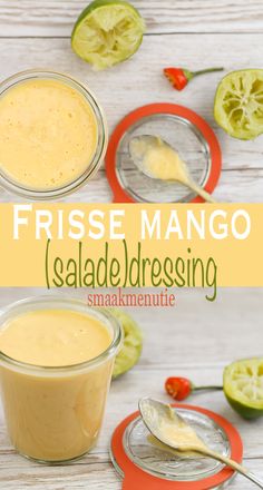 this is an image of fresh mango salad dressing with limes on the side and in small bowls