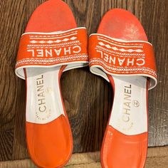 Great Condition Chanel Linen Embroidered Shoes - Size 37 Orange Made In Italy White Embroidered Summer Heels, White Embroidered Heels, Designer White Flat Heels, Chanel Orange, Shoes Chanel, Embroidered Shoes, Chanel Shoes, Orange White, Color Orange