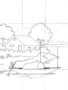 a drawing of a man in a boat on the water with trees and houses behind him