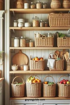 the shelves are filled with baskets and other items for storage in this country style kitchen