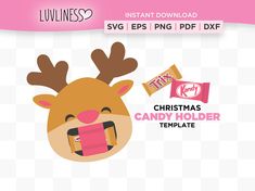 christmas candy holder template with reindeer head and candy bar in the mouth, on a pink checkered background