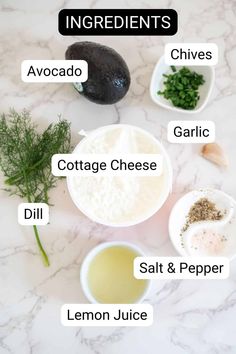 ingredients to make an avocado smoothie on a marble countertop with text overlay