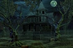 an old house in the woods at night with full moon and pumpkins on the ground