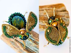 two pictures of green and gold insect brooches