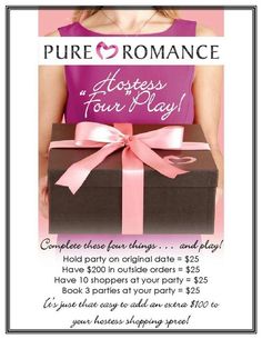 a woman holding a box with a pink ribbon on it and the words pure romance