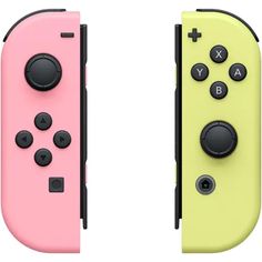 two nintendo wii controllers side by side, one is green and the other is pink