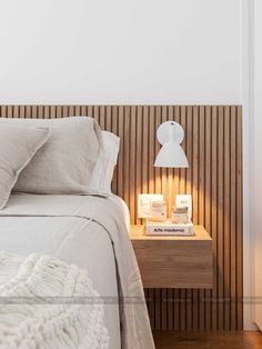 Bedroom Floating Side Tables, Floating Bedside Tables Bedroom, Wood Headboard With Floating Nightstand, Headboard Bedside Table, Side Bed Wall Lights, Floating Bedside Table With Light, Bedroom With Wooden Wall, Headboard Across The Wall, Headboard With Bedside Tables