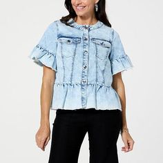 C Wonder by Christian Siriano Short-Sleeve Denim Jacket  This short, ruffle-sleeved denim jacket adds a fun, flattering element to your workday-to-weekend looks. The super-stretch denim provides an easy, comfortable fit you'll love. Fabric Drape, Christian Siriano, Denim Style, Draped Fabric, Princess Seam, Wide Sleeves, Acid Wash, Denim Fashion, Stretch Denim