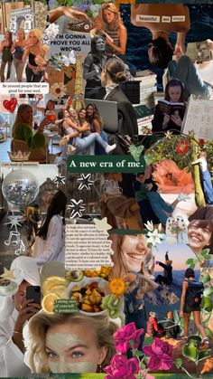 the collage shows many different pictures and words on it, including people with flowers in their hair