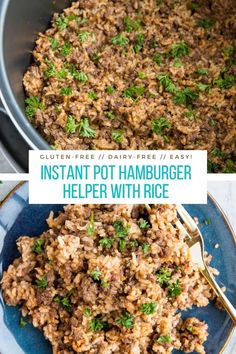 instant pot hamburger helper with rice on a blue plate and in a black bowl