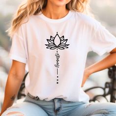 Yoga Namaste T-Shirt, Lotus Flower Shirt, Lotos Namaste T-Shirt, Lotus flower Softstyle t-ShirtFor Women Crewneck, Gift idea, Woman clothing. PRODUCTION TIME: 1-5 days (usually 2-3 days)   📦SHIPPING TIME: 2-5 days (usually 3 days)   👚PRODUCT DESCRIPTION: Bella Canvas Unisex T-shirt Super soft cotton and excellent quality print makes. 100% Soft cotton (fiber content may vary for different colors) Light fabric (4.2 oz/yd² (142 g/m Runs true to size Our Relaxed Fit Tee (Bella + Canvas style 3001) White Crew Neck Top For Meditation, Casual White Top For Meditation, White Spiritual Graphic T-shirt, Pilates Shirt, Sport Shirts, Namaste Yoga, Yoga Tshirt, Womens Crewneck, Flower Shirt