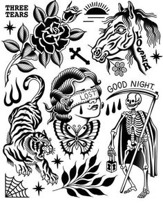 black and white tattoo designs with skulls, roses, and horses