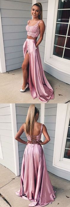 Charming A Line Two Piece Sweetheart Cross Back Split Blush Pink Lace – FLYDP Prom Dress With Lace, Two Piece Prom Dress, Two Piece Prom, Split Prom Dresses, Prom Dresses 2019, Pink Prom Dress, Prom Dresses Two Piece, Lace Prom Dress, Pink Prom