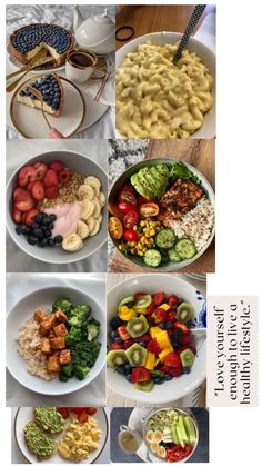 six pictures of different types of food in bowls and on plates, with text overlay