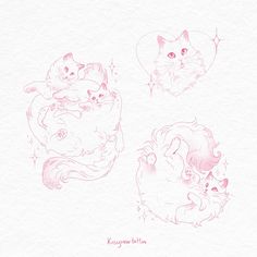 three drawings of cats in pink ink on white paper