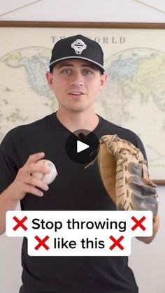 a man holding a baseball glove and ball in front of a map with the words stop throwing like this