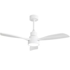 a white ceiling fan with three blades on the top and two light bulbs at the bottom