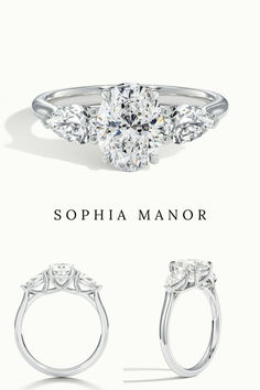 an engagement ring with three stones on it and the words, sophiia manor