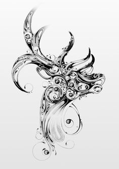 an ink drawing of a deer's head with swirls and bubbles on it