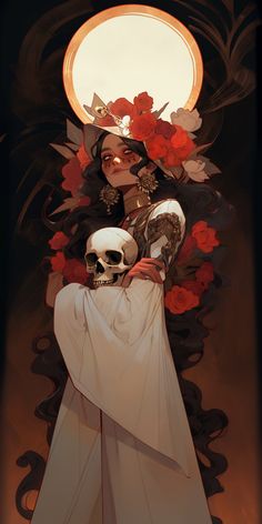 a woman holding a skull in her hand and wearing a white dress with red flowers on it