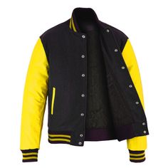 Varsity Letterman Baseball BLACK Wool and Yellow Genuine Leather Sleeves Jacket If your required Size & Color Combination is not listed then please contact with us We will respond you as soon as possible the estimated time is 12 Hours, All Sizes & Color Combinations are Available. The quality of the varsity jacket is the finest in the field. 100% high quality Wool. A fine quilt lining with Wool trimmed inside pocket are all part of the complete package. Each varsity jacket design is faithfully c Yellow Varsity Jacket For Streetwear, Yellow Varsity Winter Outerwear, Yellow Varsity Outerwear For Winter, Yellow Varsity Outerwear For College, Yellow Varsity Jacket For College In Fall, Leather Sleeve Jacket, School Jacket, Varsity Letterman Jackets, Retro Sports