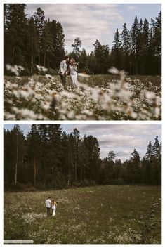 a couple standing in the middle of a field surrounded by trees and daisies on a cloudy day