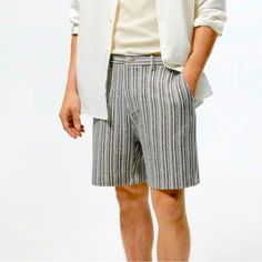 Navy, Light Blue, And Ivory Vertical Stripes Combine With Textured Cotton To Make These The Perfect Casual Vacation Shorts New Without Tags, Just A Tiny Bit Too Small For My Husband Offers Always Welcome! Brand: Zara Us/Eu Size Xl, Mex 34 83% Cotton, 17% Polyester Zara Cotton Beach Shorts, Zara Casual Summer Shorts, Casual Striped Bottoms From Zara, Zara Cotton Shorts With Relaxed Fit, Zara Cotton Shorts Relaxed Fit, Zara Relaxed Cotton Shorts, Vacation Shorts, Zara Man Jeans, Mens Jean Shorts