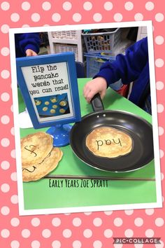 a pancake is being cooked in a frying pan with the words happy written on it