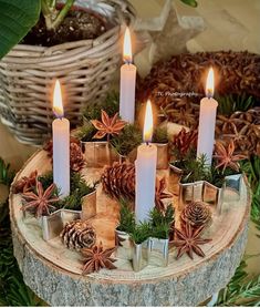 a group of candles sitting on top of a wooden table next to pine cones and evergreens