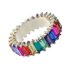 Beautiful and stylish trending rainbow crystal rhinestone baguette ring in a gold tone setting Multicolored glass rhinestones are prong set along the full band  Come in 2 ring sizes, both measure 0.25 inches wide  Wear it alone or stack with other rings to add a pop of color to your day  Each item is packaged in a lovely gift box with a non tarnish jewelers fiber pad. To extend the life of your jewelry avoid contact with water and chemicals such as soap and household cleaners, and store in a jew Baguette Ring, Boho Style Jewelry, Rainbow Crystal, Finger Rings, Ring Sizes, Crystal Rings, Ring Size 7, Trending Accessories, Crystal Rhinestone