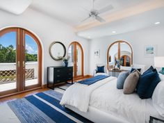 a bedroom with white walls and blue accents