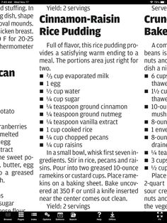 the recipe for cinnamon raisin rice pudding is shown in black and white, as well as