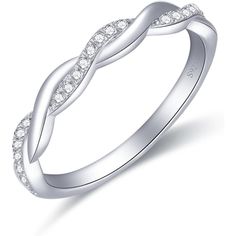 a white gold wedding ring with diamonds on the sides and an intertwined design in the middle