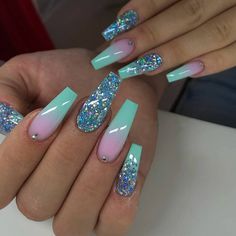 Blue Purple Sparkle Nails, Spring Nail Art Designs Pretty Glitter, Lollapalooza Nail Ideas, Pretty Nail Designs Acrylics, Ombre Nail Design, Skull Nails, Ombre Nail, Ombre Acrylic Nails