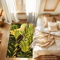 a bed room with a neatly made bed and a plant rug on top of the floor