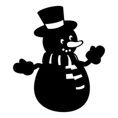 a black and white silhouette of a snowman wearing a top hat, scarf and mittens