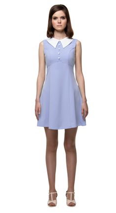 LAST CHANCE! Dusty blue sixties style summer dress. A simple style that lends itself impeccably to an array of moments by bridging the casual and sophisticated divide. Five petite white buttons atop the fitted bodice compliment the immediately sixties style pointed collar. The fabric provides no stretch but the natural flare of the skirt provides a flattering silhouette on all body types. Also available in lilac/white and mint green/white. Choose bespoke for alternative colours, or to have short 1960s Style Dress, Sixties Style, Style Summer Dress, 1960s Inspired, 60s 70s Fashion, Dress With Collar, 1960s Style, Retro Looks, Sixties Fashion