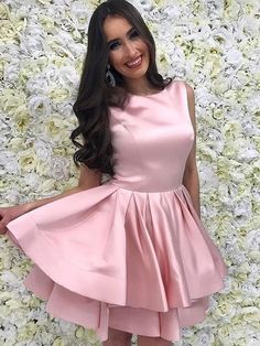 Bridelily A-Line With Ruffles Scoop Satin Sleeveless Short/Mini Prom Dresses - Prom Dresses Sweet 16 Party Dress, Pink Party Dress, Mini Homecoming Dresses, Cheap Homecoming Dresses, Satin Homecoming Dress, Dress Layer, Pink Homecoming Dress, Pink Party, Sweet 16 Dresses