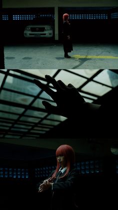 two different shots of a woman with red hair in the dark and on the ground