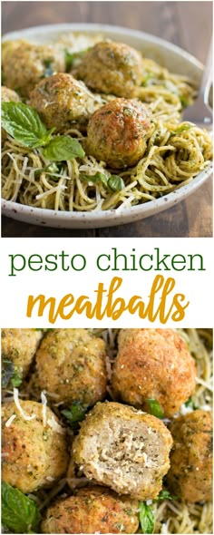 two pictures of pasta and meatballs with pesto chicken