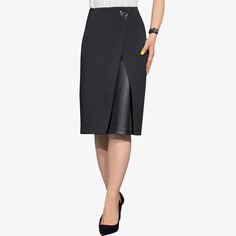 Pencil Skirt With Faux Leather - Yacine & Me Modern Asymmetrical Pencil Skirt For Workwear, Modern Asymmetrical Pencil Skirt For Work, Sleek Knee-length Faux Leather Skirt, Chic Faux Leather Pencil Skirt For Formal Occasions, Chic Stretch Skirt For Office, Sleek Faux Leather Skirt For Office, Sleek Faux Leather Skirt For The Office, Chic Stretch Formal Pencil Skirt, Chic Stretch Pencil Skirt For Formal Occasions